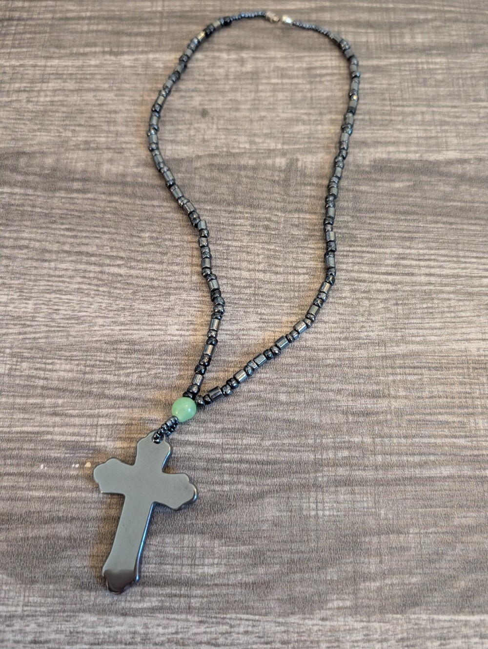 Hematite Cross Bead Necklace with Green Accent - Women's Jewelry